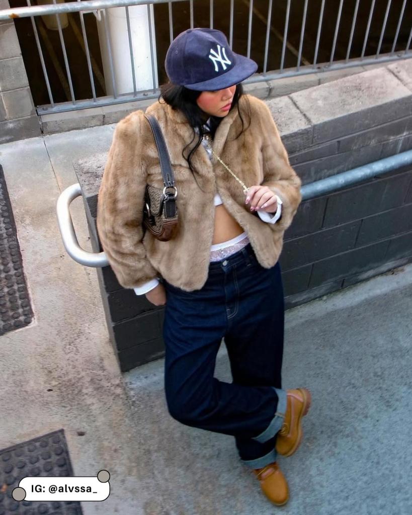 Cropped Brown Faux Fur Jacket with Loafers and Cap Cropped Brown Faux Fur Jacket with Loafers and Cap — Faux Fur Coat Outfits