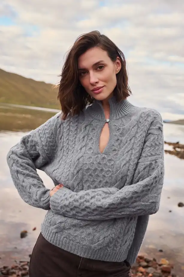 Textured Grey Cable Knit Sweater with Mock Neck Textured Grey Cable Knit Sweater with Mock Neck — Cold Weather Outfits