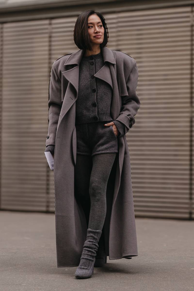 Monochromatic Grey Knit Long Coat Ensemble — Long Coat Outfits