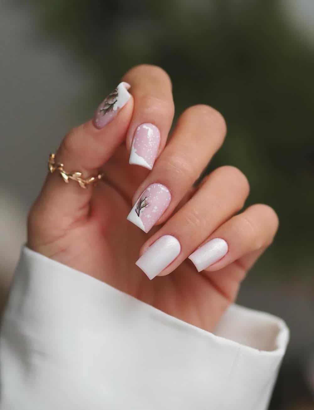 Matte White with Frosted Branch Motifs — Medium Length Winter Nails