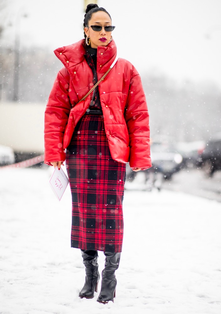 Bold Contrast: Red Puffer Jacket Meets Plaid Midi Skirt Bold Contrast: Red Puffer Jacket Meets Plaid Midi Skirt — February Outfits