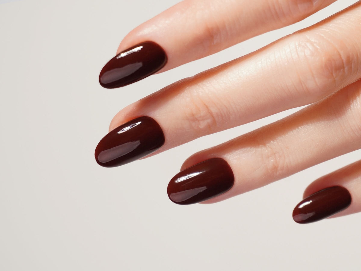 Deep Glossy Brown Almond Nails Deep Glossy Brown Almond Nails — Winter Nail Colors for Pale Skin