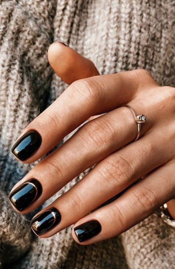 Glossy Black with Metallic Cuticle Line — Winter Black Nails