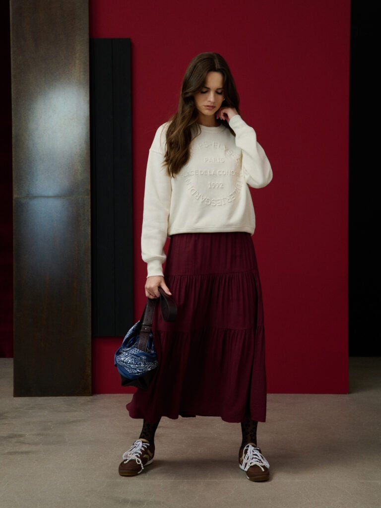Burgundy Tiered Maxi Skirt with Embossed Sweatshirt — Winter Skirt Outfits