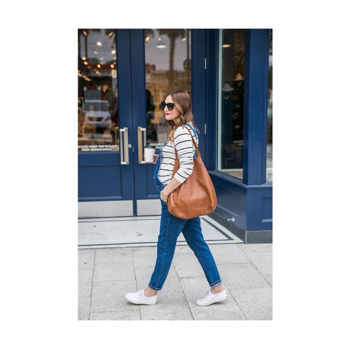 Striped Long-Sleeve Top and Denim Overalls Striped Long-Sleeve Top and Denim Overalls — Winter Maternity Outfits