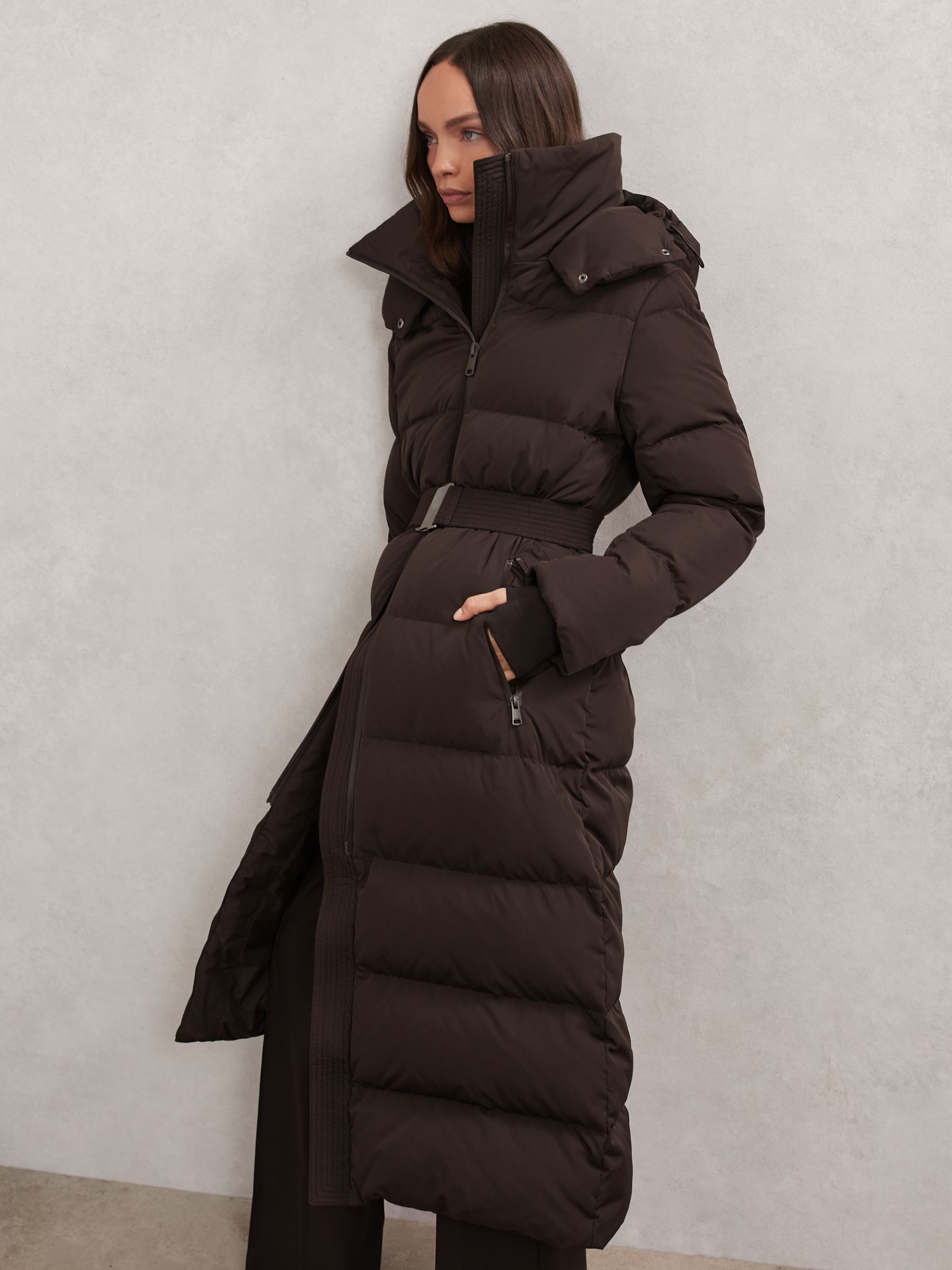 Belted Chocolate Brown Puffer for a Defined Waist Belted Chocolate Brown Puffer for a Defined Waist — Long Puffer Coat Outfits