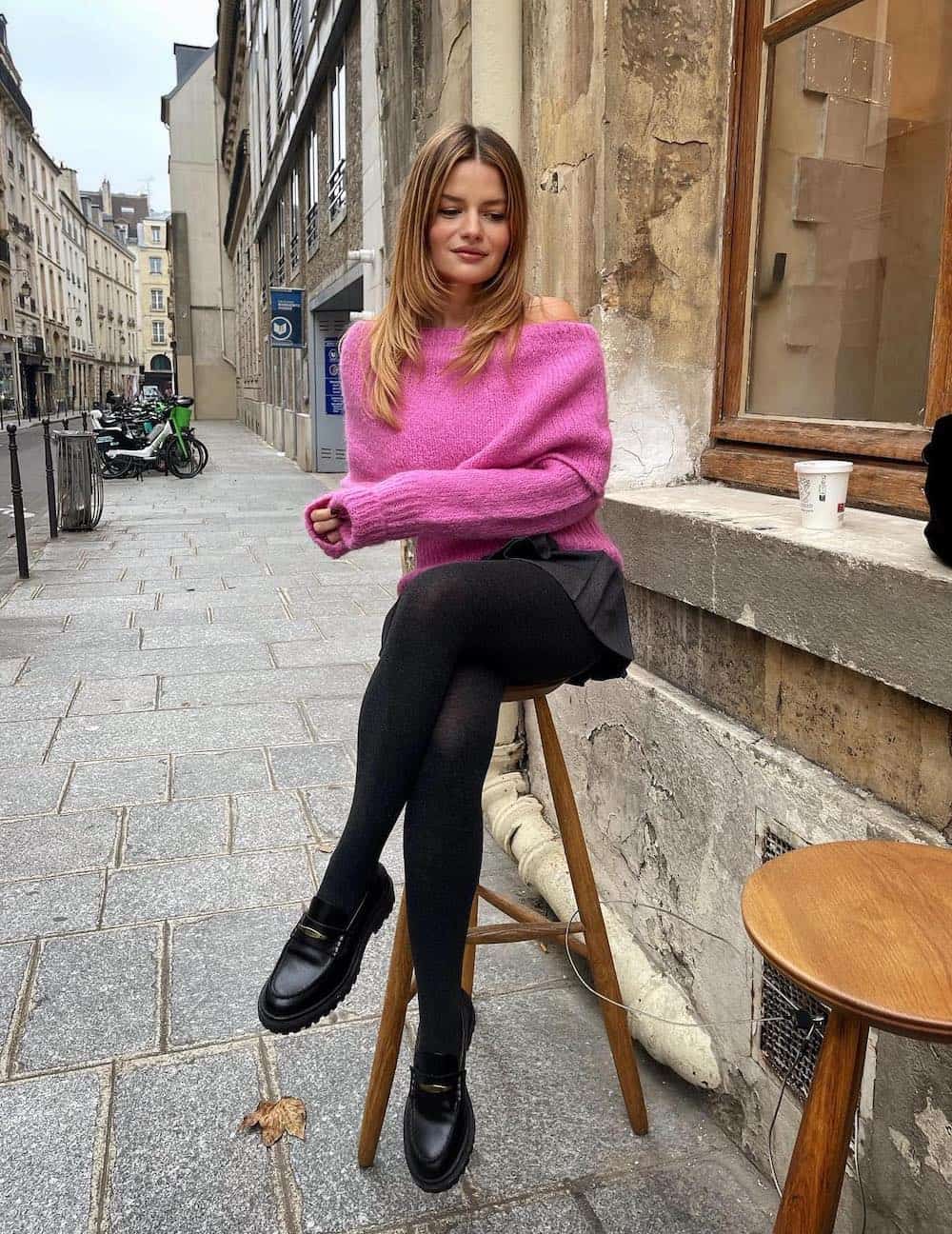 Playful Pink: Off-the-Shoulder Sweater with Mini Skirt Playful Pink: Off-the-Shoulder Sweater with Mini Skirt — Dressy Winter Outfits
