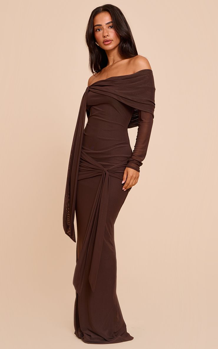 Deep Brown Ruched Off-the-Shoulder Maxi Dress Deep Brown Ruched Off-the-Shoulder Maxi Dress — Winter Birthday Outfits