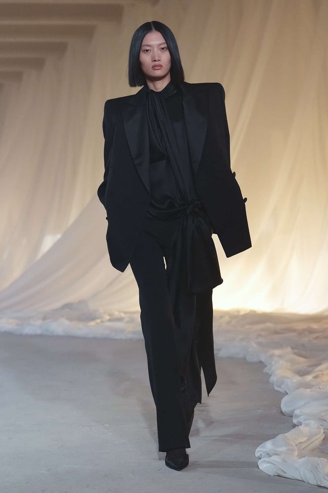 Elegant Ensemble: Satin Blouse, Blazer, and Wide-Leg Trousers Elegant Ensemble: Satin Blouse, Blazer, and Wide-Leg Trousers — All Black Winter Outfits