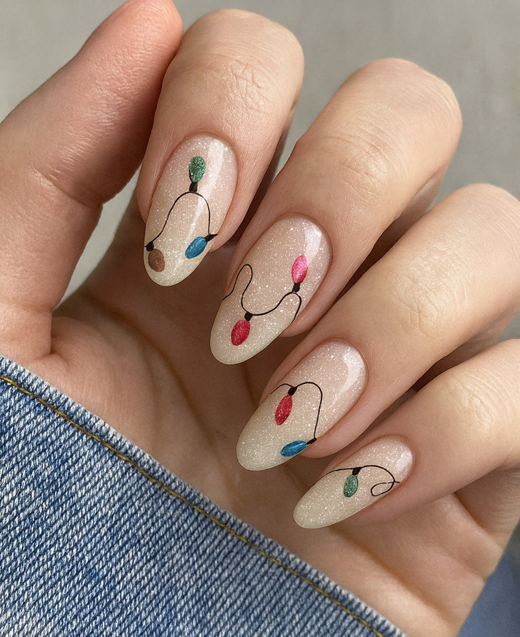 Shimmery Nails With Christmas Lights — Cute Winter Nails