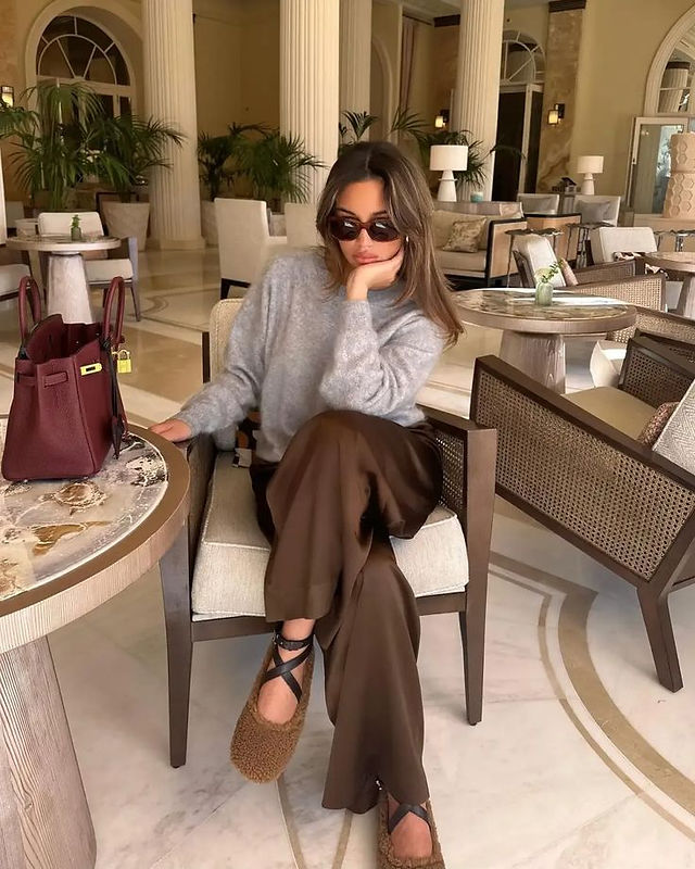 Grey Cashmere Sweater with Brown Satin Wide-Leg Trousers — Minimalist Winter Outfits