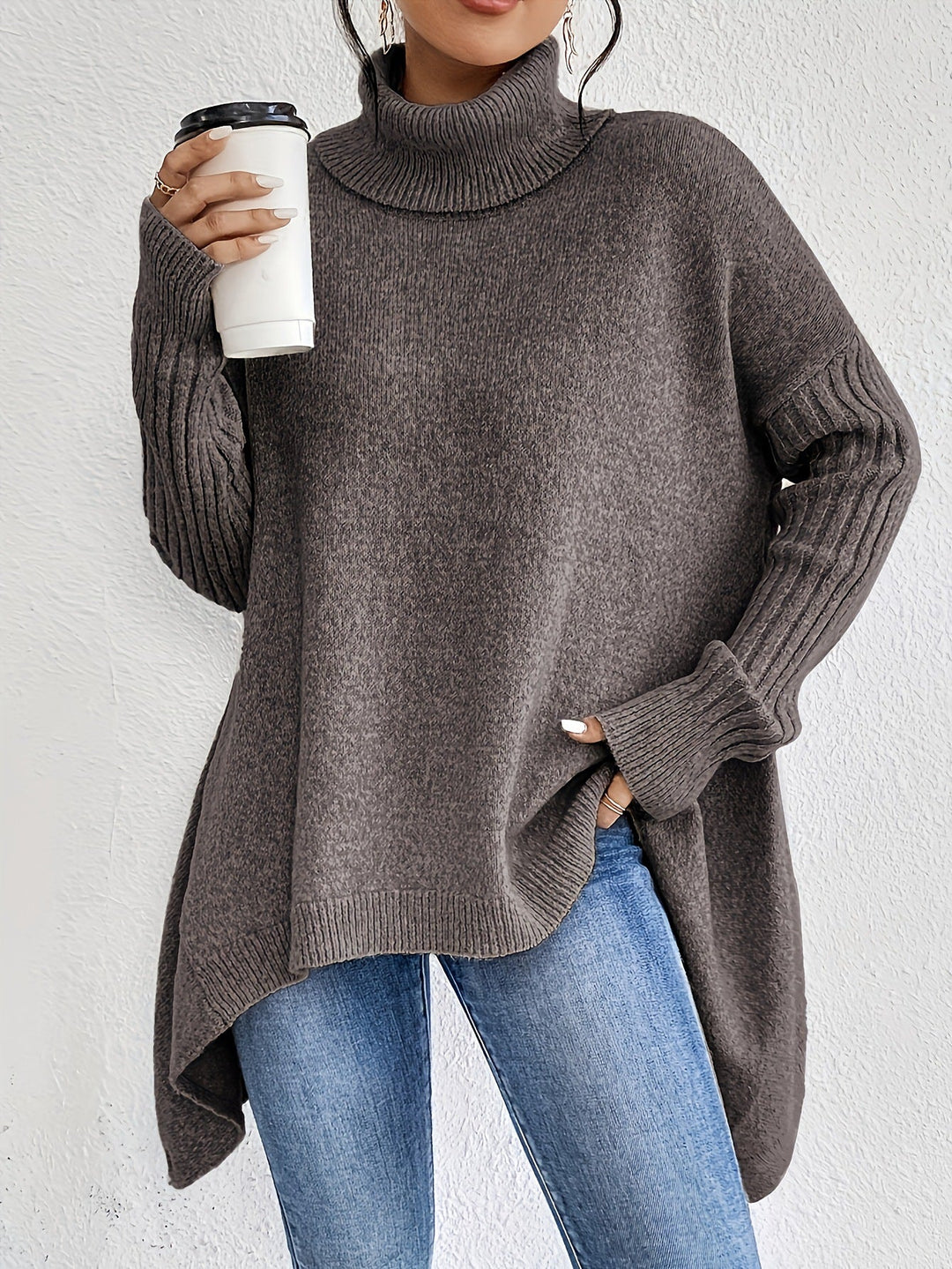 Dark Grey Oversized Turtleneck with Asymmetrical Hem Dark Grey Oversized Turtleneck with Asymmetrical Hem — Turtleneck Outfits