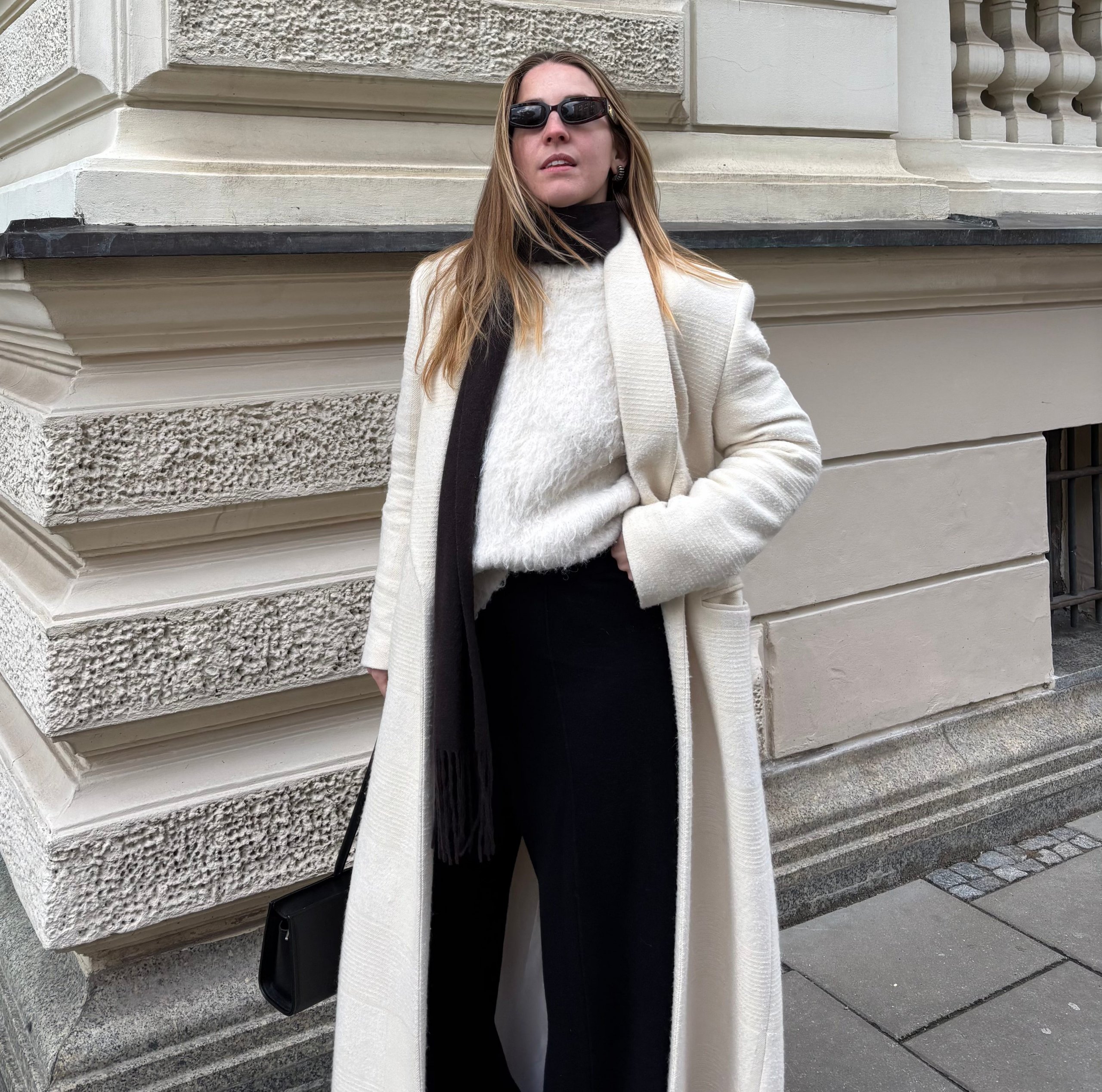 Textured Long Coat Over a Fuzzy Sweater and Wide-Leg Pants Textured Long Coat Over a Fuzzy Sweater and Wide-Leg Pants — Winter Date Night Outfits