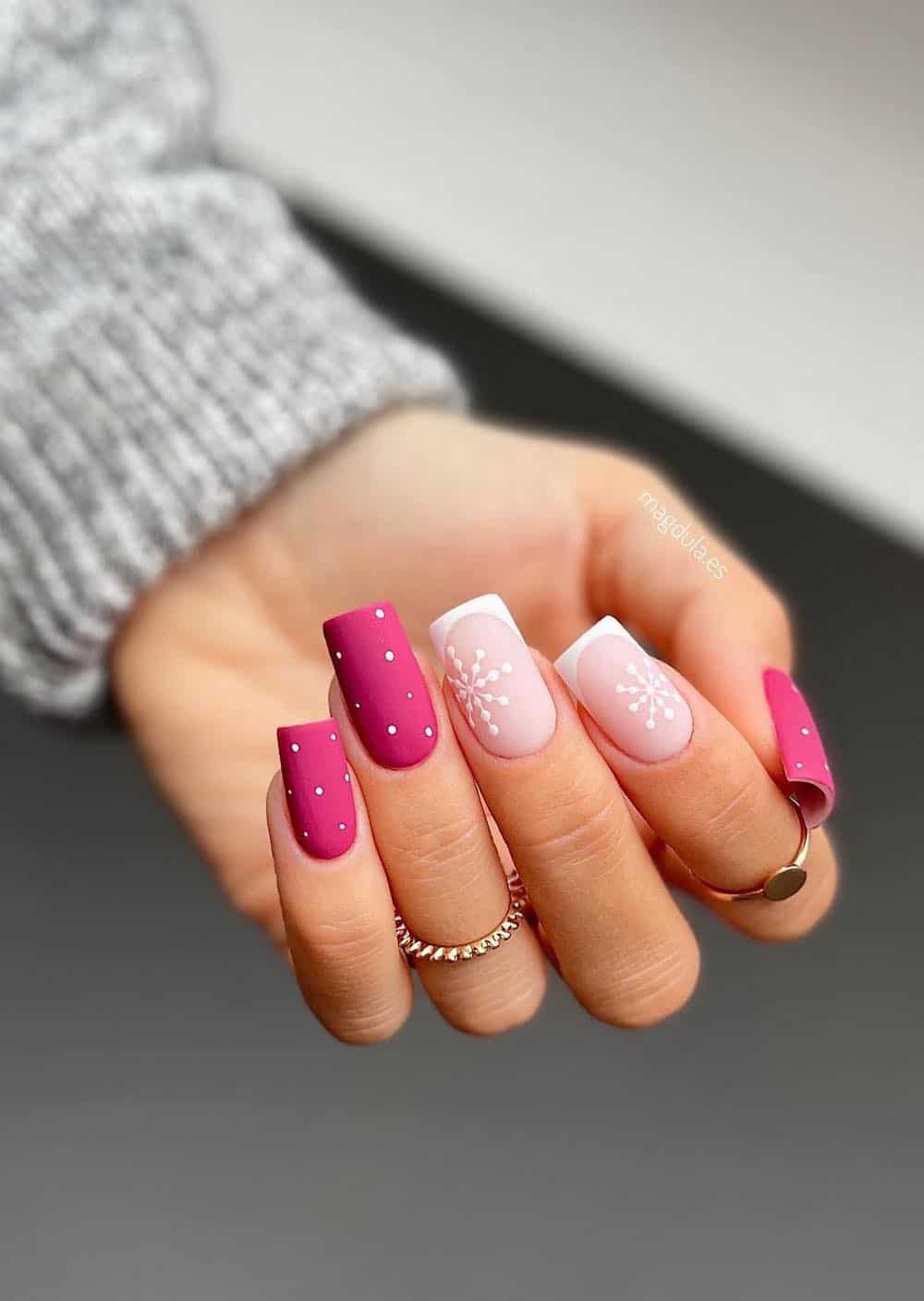Matte Pink Square with White Polka Dots and Snowflakes — Winter Square Nails