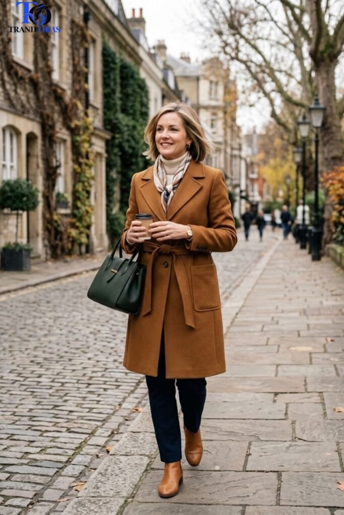 Camel Tie-Waist Wool Coat with Navy Trousers Camel Tie-Waist Wool Coat with Navy Trousers — Winter Outfits for Moms