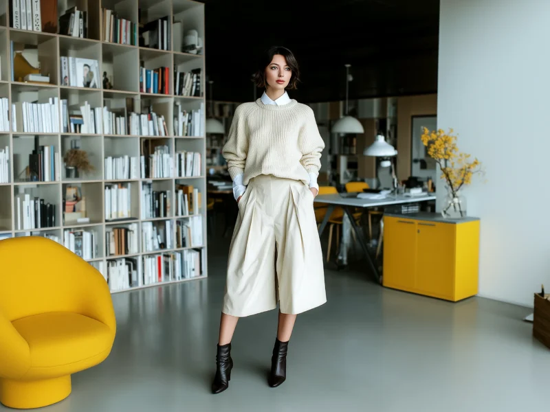 Business Casual Cream Chunky Knit Sweater Layered Over a White Collared Shirt with Culottes — Winter Business Casual Outfits
