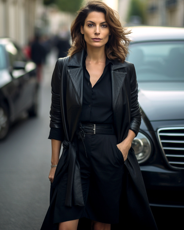 Monochromatic Black Leather Trench Coat Ensemble — Black Coat Outfits