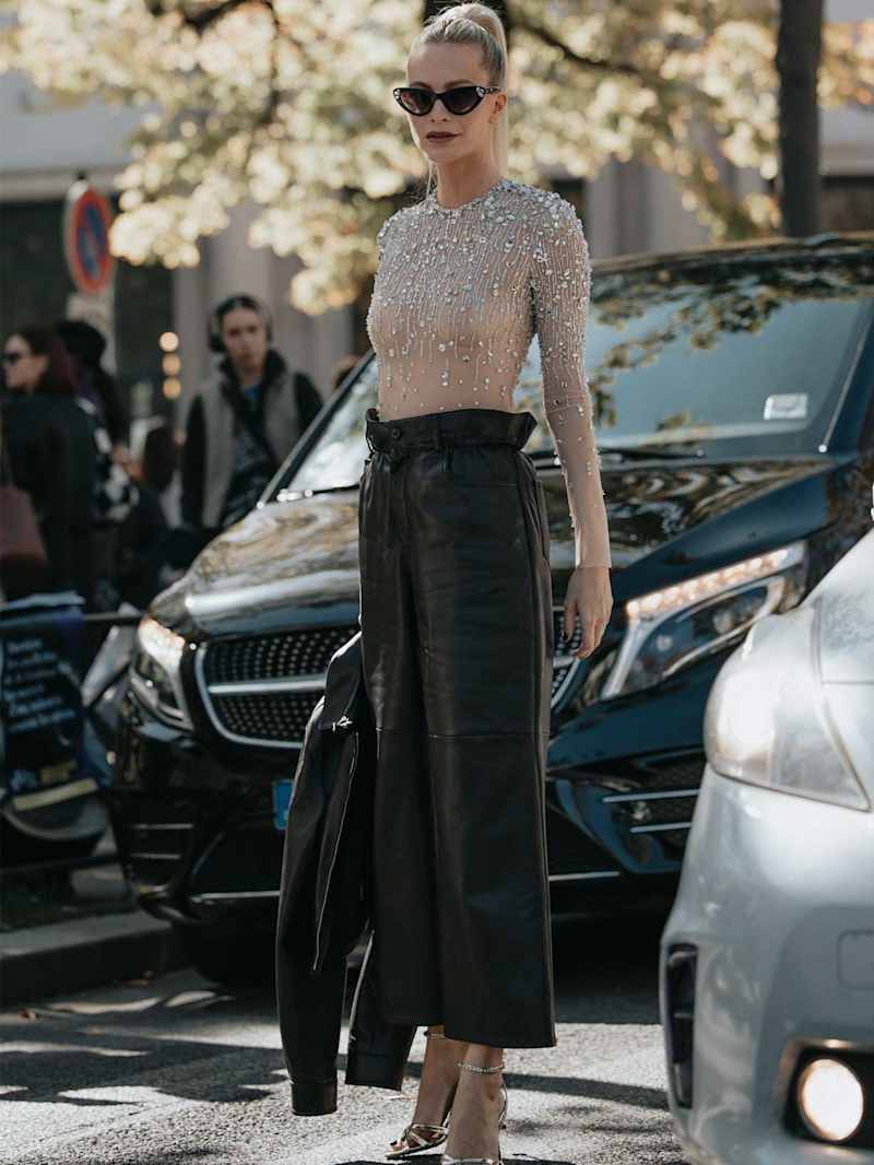 Sequined Top with Black Leather Culottes for Evening Sequined Top with Black Leather Culottes for Evening — Leather Pants Outfits