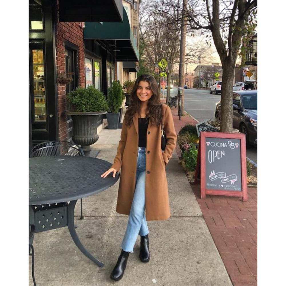 Camel Coat and Jeans with Ankle Boots Camel Coat and Jeans with Ankle Boots — Black Boots Outfits