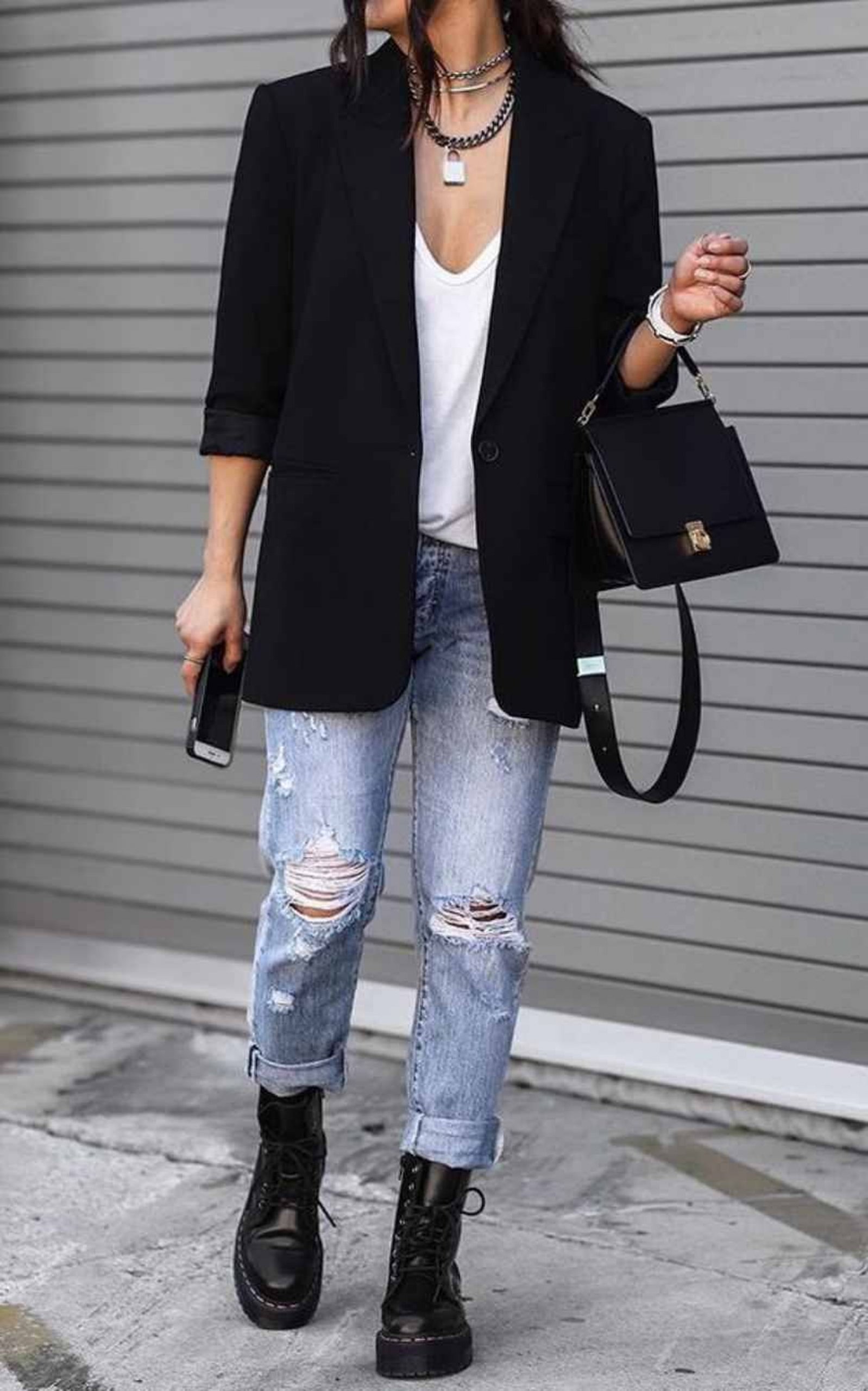 Distressed Jeans and Blazer with Platform Combat Boots Distressed Jeans and Blazer with Platform Combat Boots — Combat Boots Outfits