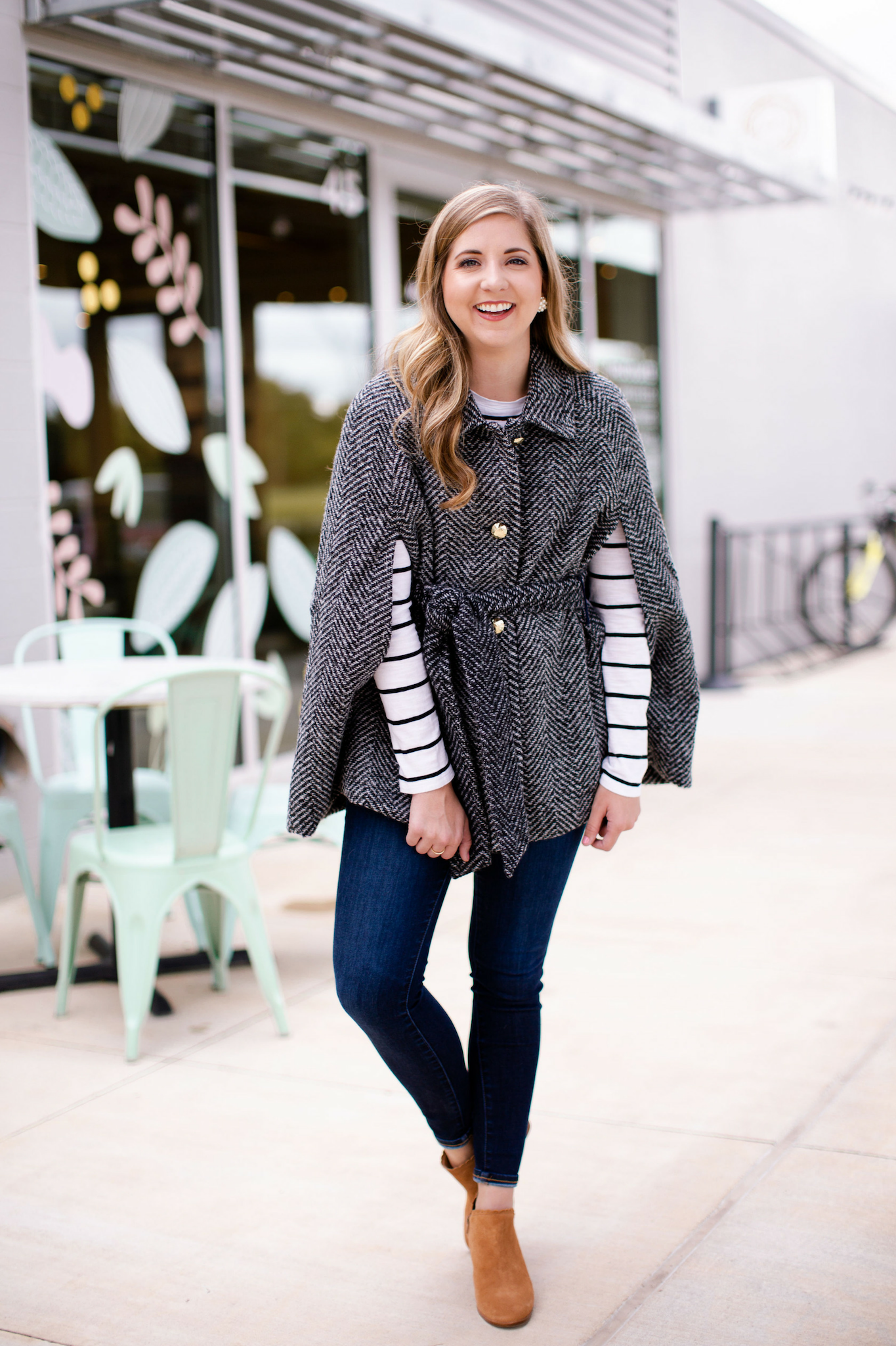 Cape Chic: Herringbone Cape Over Stripes and Denim Cape Chic: Herringbone Cape Over Stripes and Denim — Early Winter Outfits