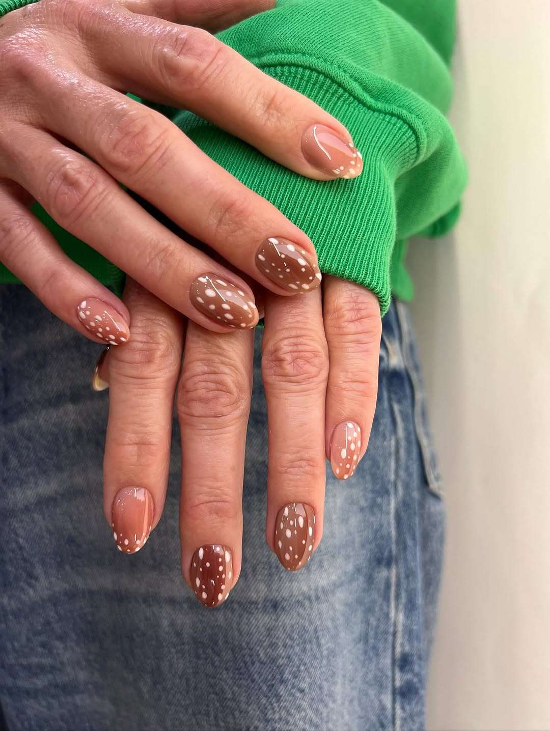 Matte Fawn Print Oval Nails — Medium Length Winter Nails