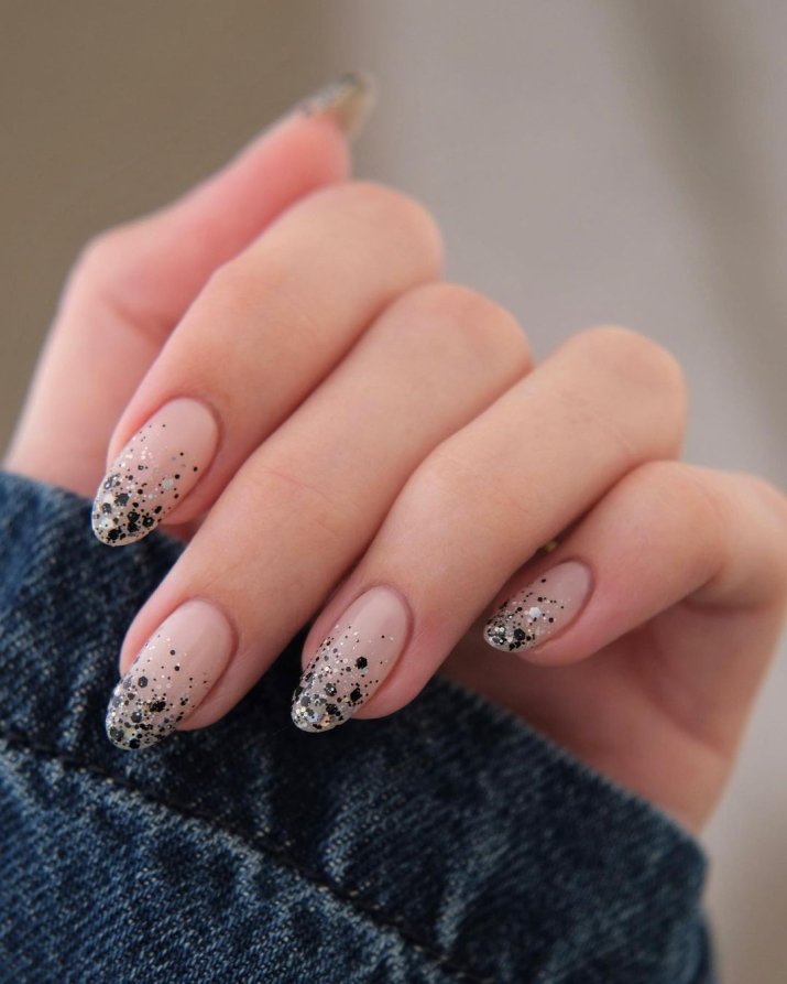 Sheer Nude French With Black Dot Glitter — Everyday Winter Nails