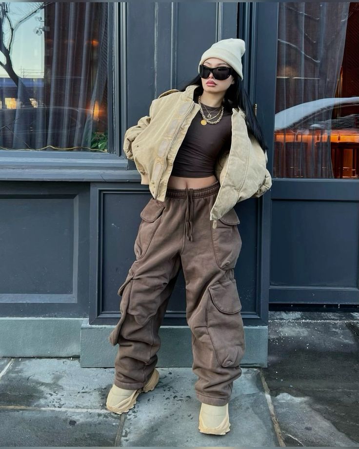 Cream Cropped Puffer with Brown Cargo Pants — Winter Streetwear Outfits