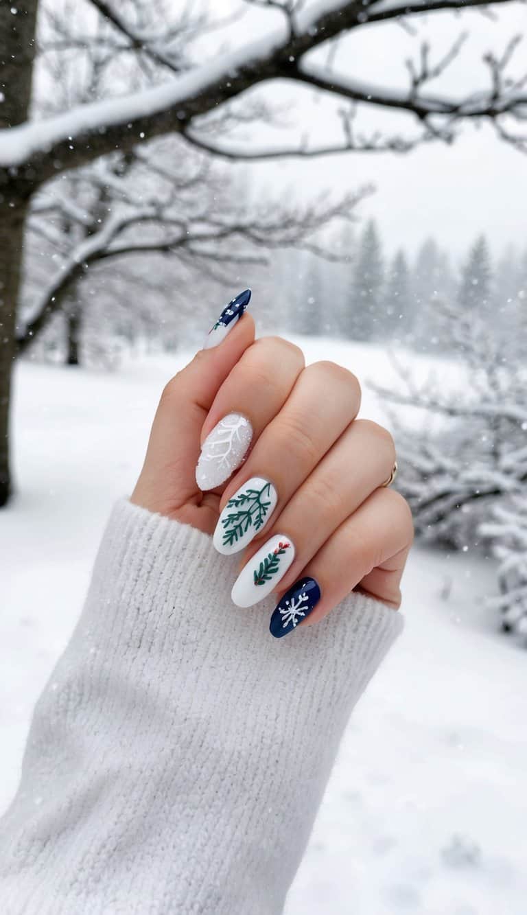 Winter Motifs on White and Navy Winter Motifs on White and Navy — Winter Nail Art