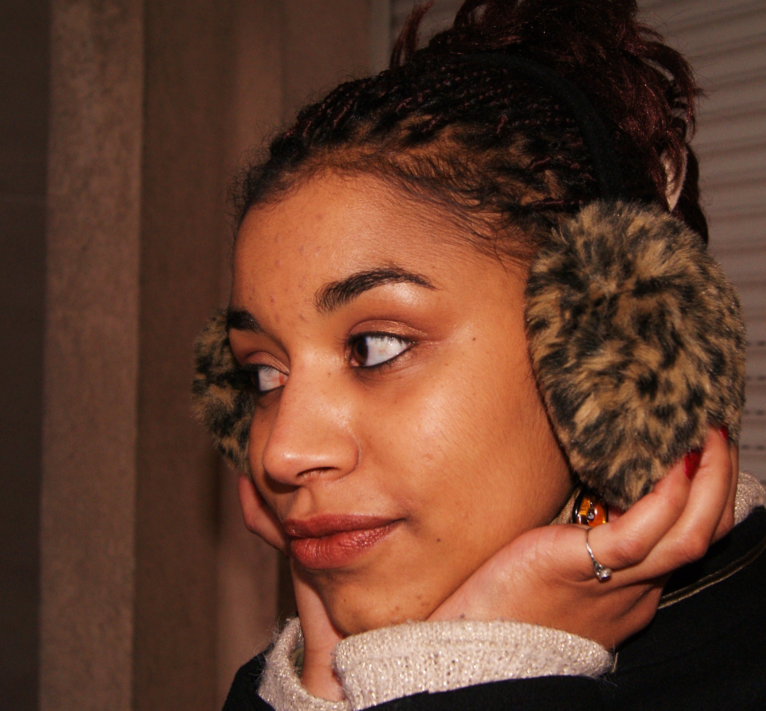 Leopard Print Earmuffs with a Knit Sweater and Black Jacket — Earmuffs Outfits