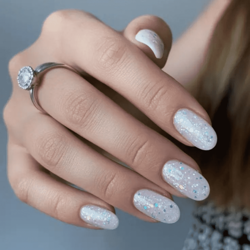 Milky White Iridescent Glitter Nails — Winter Oval Nails
