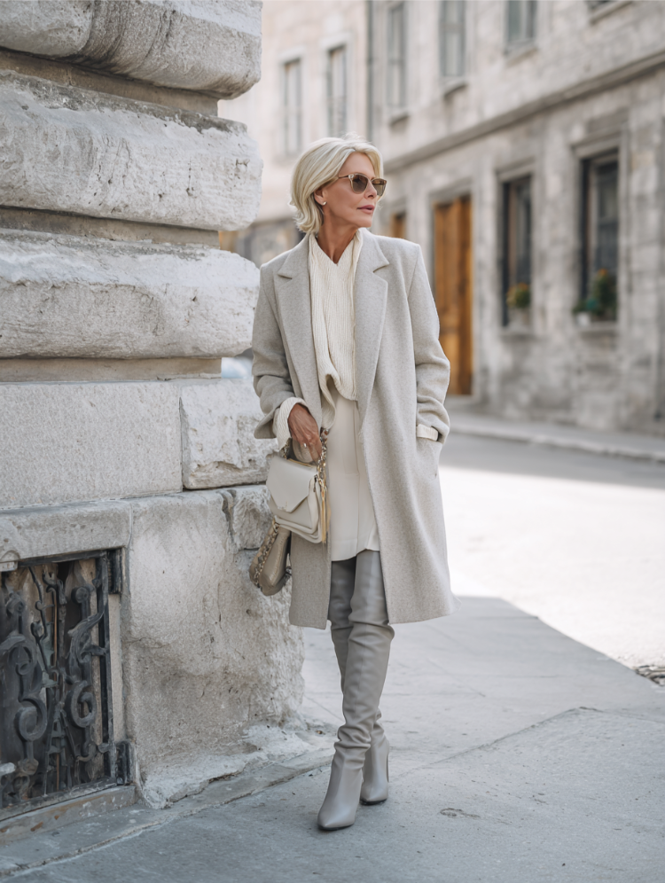 Chic Neutrals: Grey Boots with Cream Sweater and Long Wool Coat Chic Neutrals: Grey Boots with Cream Sweater and Long Wool Coat — Knee High Boots Outfits