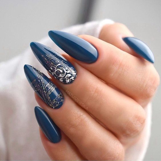 Deep Teal Silver Foil Swirl Nails — Winter Gel Nails