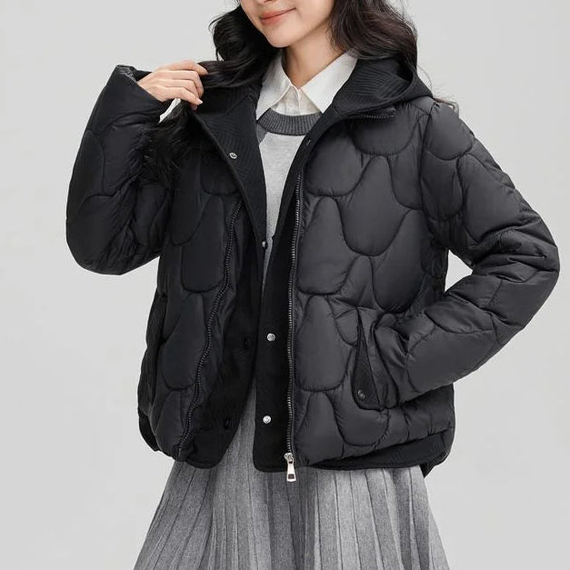 Quilted Puffer Jacket Layered Over a Sweater and Shirt — Winter Puffer Jacket Outfits