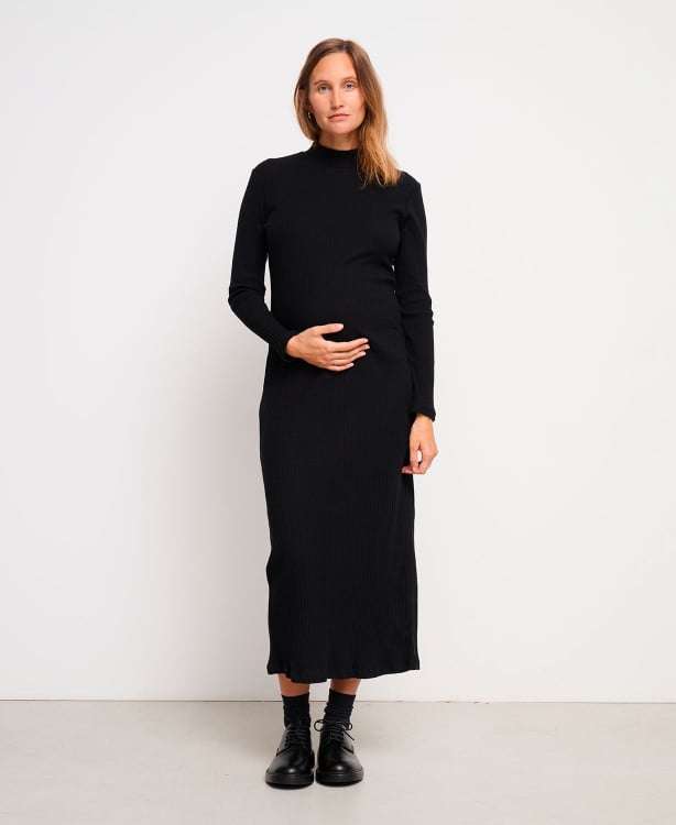 Fitted Black Ribbed Mock Neck Long Sleeve Dress Fitted Black Ribbed Mock Neck Long Sleeve Dress — Winter Maternity Outfits