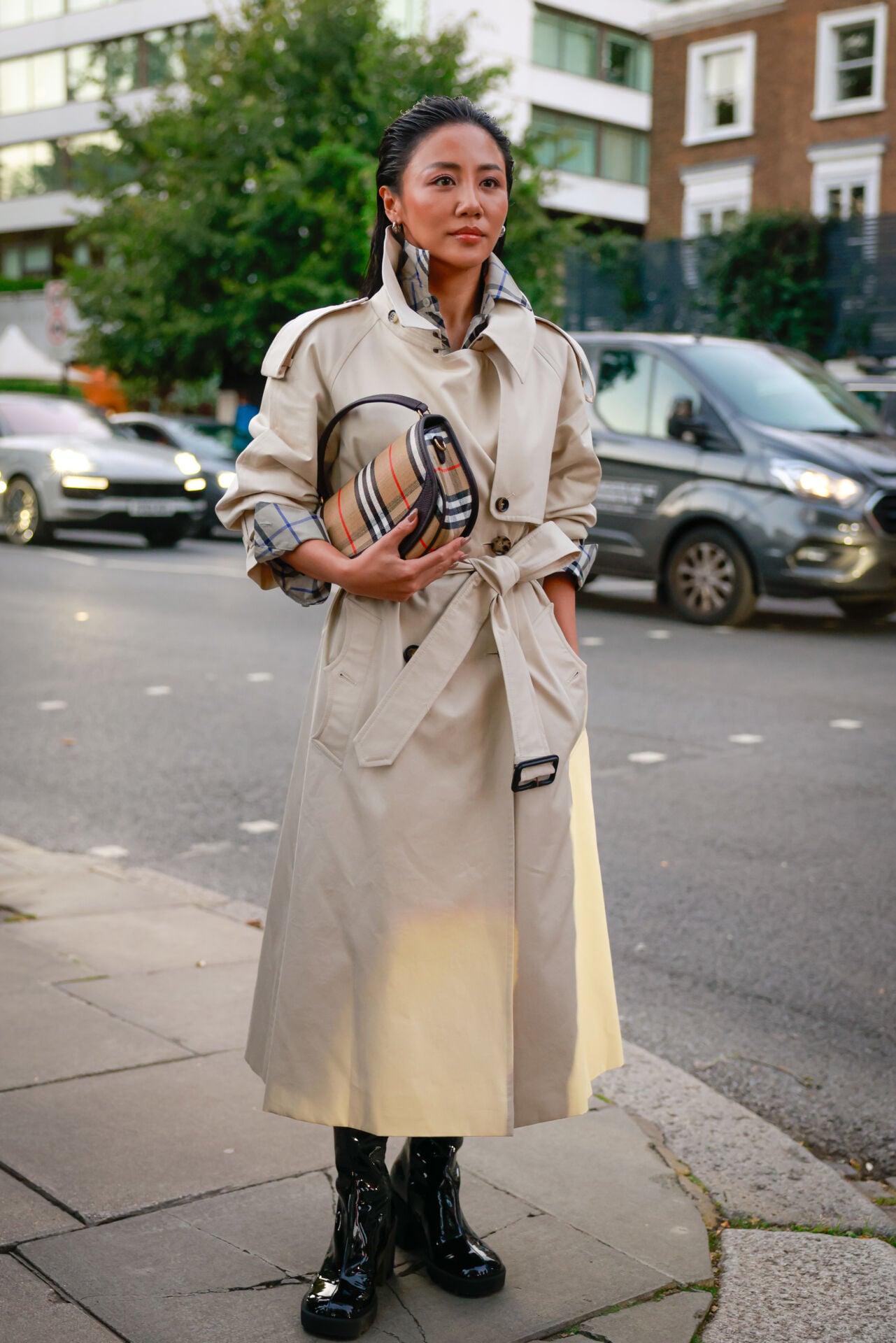 Beige Trench Coat with Plaid Accents and Boots Beige Trench Coat with Plaid Accents and Boots — Car Coat Outfits