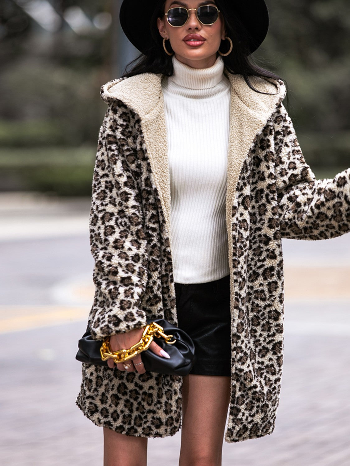 Hooded Leopard Coat with Sherpa Trim and Shorts Hooded Leopard Coat with Sherpa Trim and Shorts — Leopard Coat Outfits