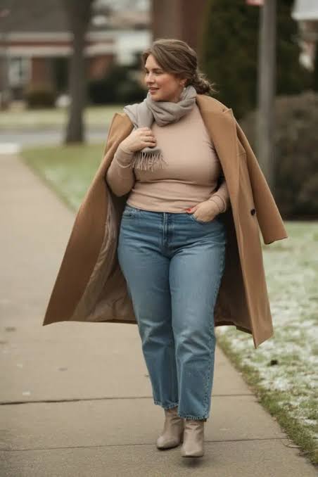 Tan Coat and Knit Sweater with Straight-Leg Jeans Tan Coat and Knit Sweater with Straight-Leg Jeans — Winter Outfits with Jeans