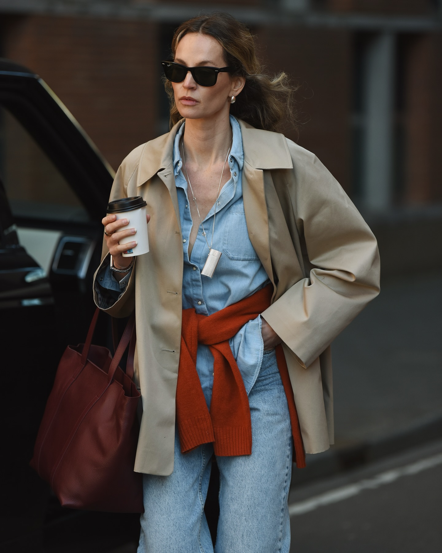 Beige Car Coat with Sweater Tie and Denim Beige Car Coat with Sweater Tie and Denim — Car Coat Outfits