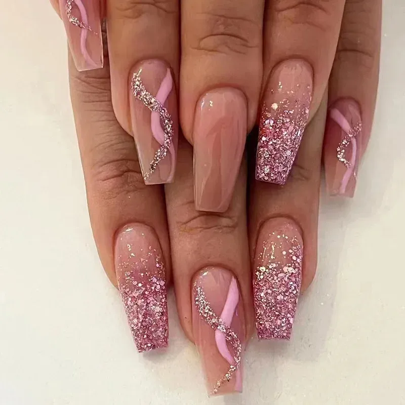 Sheer Nude Pink Glitter Swirl Coffin Nails Sheer Nude Pink Glitter Swirl Coffin Nails — Winter Coffin Nails