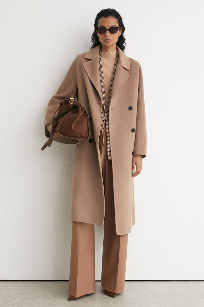 Camel Coat over Checked Blazer and Beige Turtleneck — Camel Coat Outfits