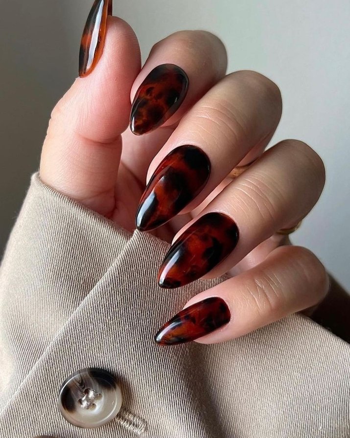 Glossy Tortoiseshell Almond Nails — Classy Winter Nails