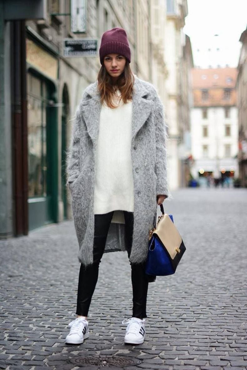 Long Textured Grey Coat Over Tunic Sweater — Winter School Outfits