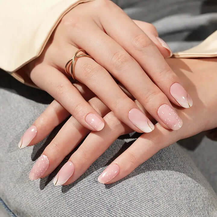 Sheer Pink with Gold Line Tips Sheer Pink with Gold Line Tips — Winter Nail Colors for Women Over 60