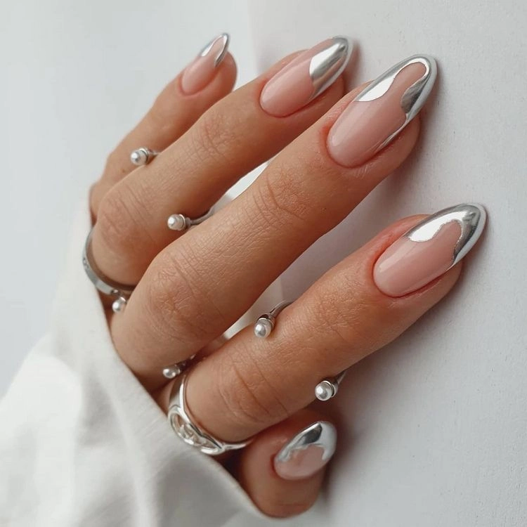 Silver Chrome French Almonds — Winter Nails