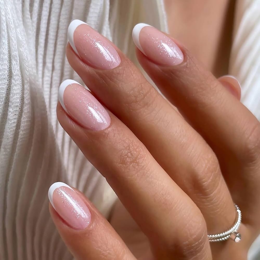 Shimmer French Tip Oval Nails — Winter Oval Nails
