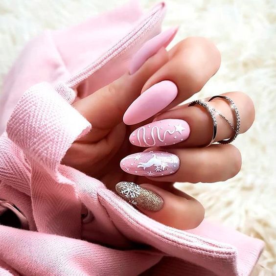 Matte Pink Reindeer Almonds — Winter Glitter Nails