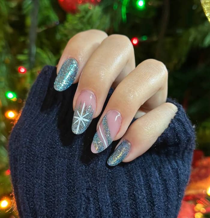 Silver Glitter and Snowflake Almond Nails — Simple Winter Nails