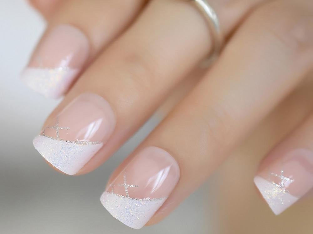 Glitter French Tips with Silver Lines — Short Winter Gel Nails