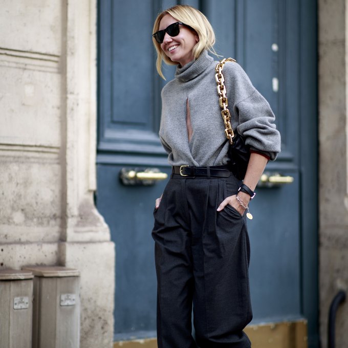 Monochromatic Grey Turtleneck and Wide-Leg Trousers Monochromatic Grey Turtleneck and Wide-Leg Trousers — Winter Outfits for Warm Weather